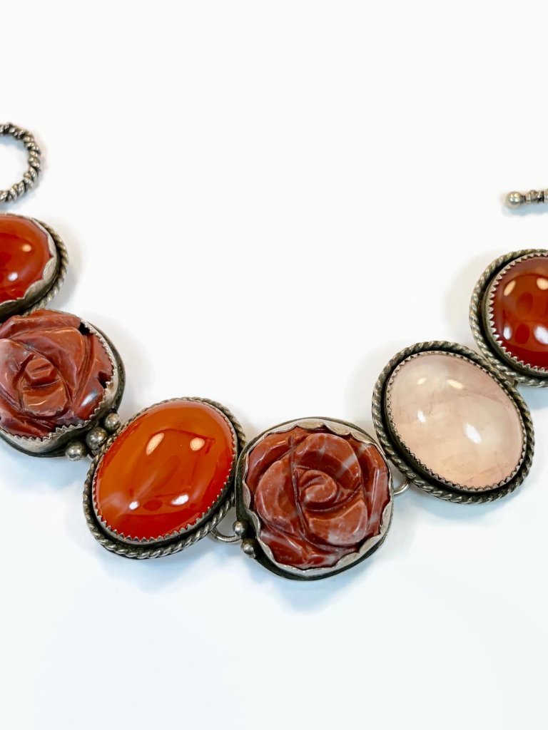 Carnelian Bracelet, Sterling Silver, Rose Quartz, Vintage, Carved, Roses, Boho